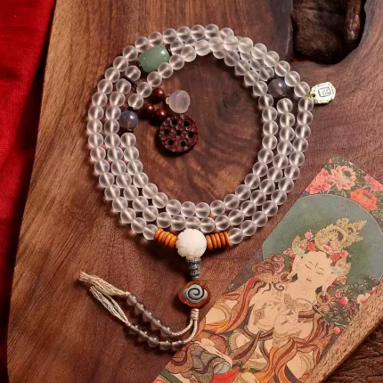 Kailash White Tara Blessing Mala – 108 Beads Sacred White Crystal Glass Necklace